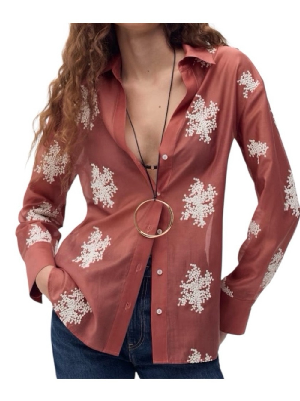 Mango Lyocell Rust Embroidered Button Down - Picture 2 of 7